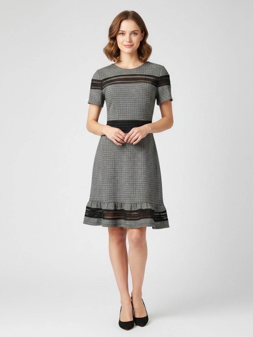 Michael Kors Black White Houndstooth Lace Mesh Trim Flare Dress Size P/Medium